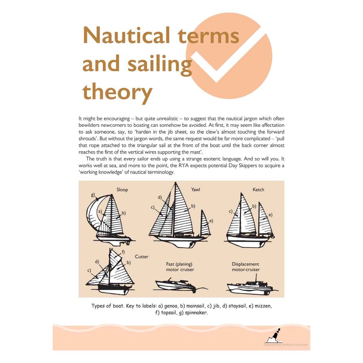 An informational poster titled "Pass Your Day Skipper" by Adlard Coles explores the nuances of nautical jargon. It features illustrations of various boat types, including a sloop, cutter, fast (planing) motor cruiser, displacement motor cruiser, ketch, and yawl with labeled parts—ideal for RYA Day Skipper course students.