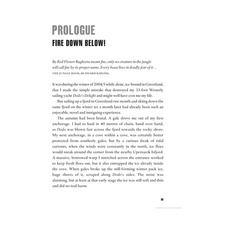 A page from "Addicted to Adventure" by Adlard Coles vividly describes an Arctic sailing adventure in Greenland during the winter of 2004/5, highlighting survival challenges faced on a 33-foot Westerly yacht named "Dodo's Delight.