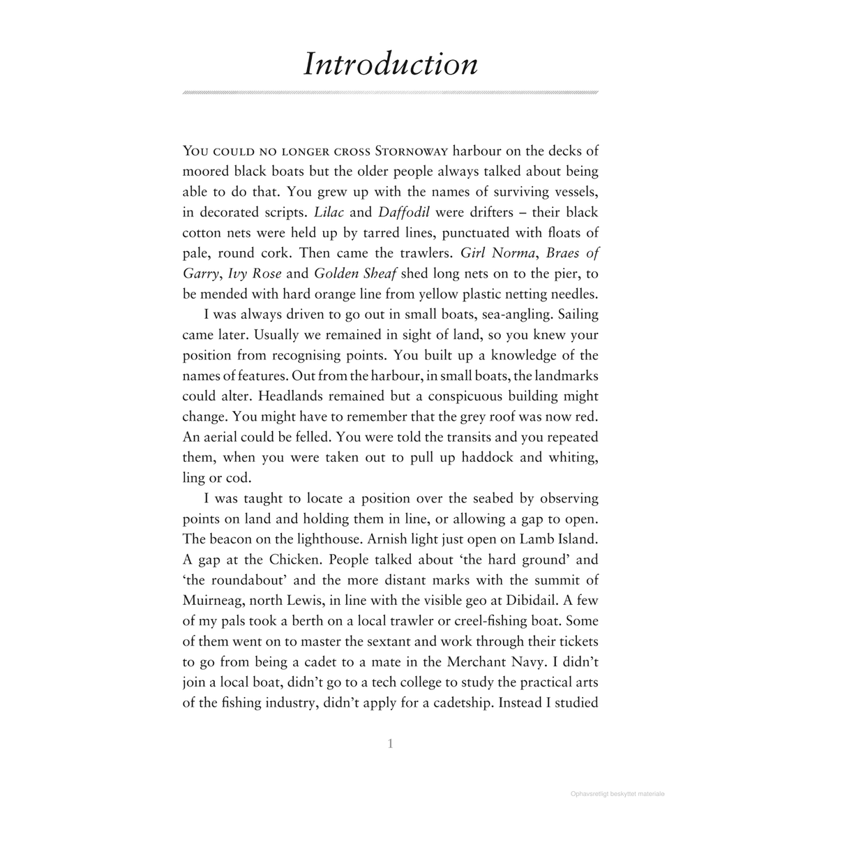 The page titled "Introduction" from *Waypoints* by Adlard Coles explores memories of growing up near Stornoway harbor on Scotland's west coast, including trawlers with nets, fishing trips, navigation skills, island recognition, and the hard work of sea fishing—a rich maritime storytelling tapestry.