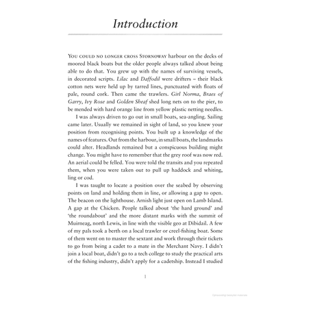 The page titled "Introduction" from *Waypoints* by Adlard Coles explores memories of growing up near Stornoway harbor on Scotland's west coast, including trawlers with nets, fishing trips, navigation skills, island recognition, and the hard work of sea fishing—a rich maritime storytelling tapestry.