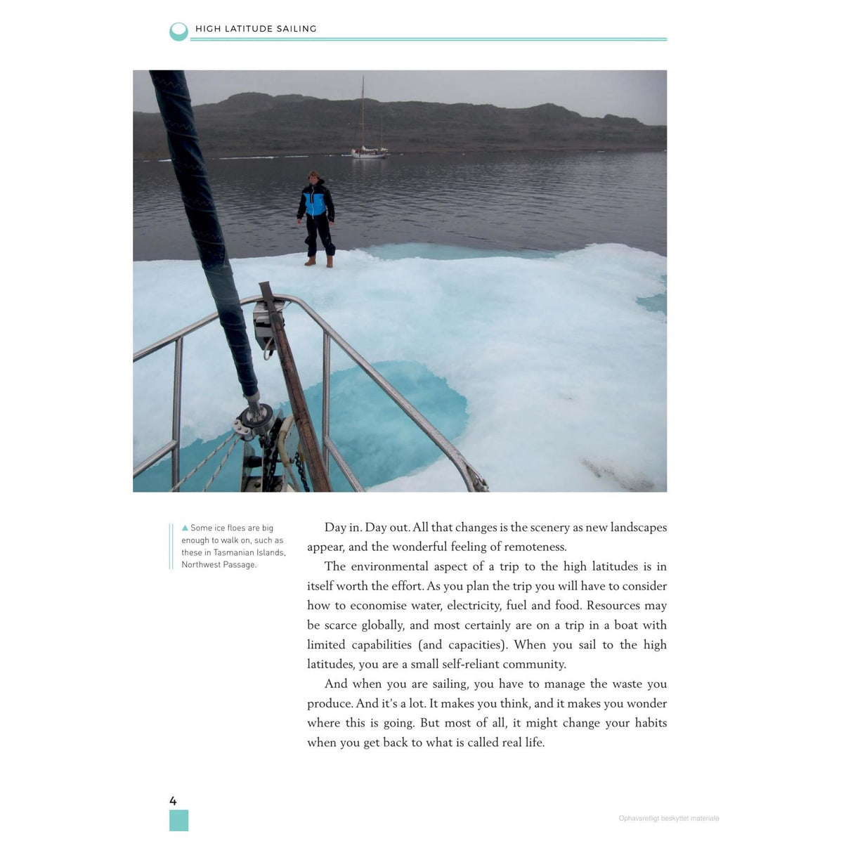 A sailboat navigates through icy waters, while a person stands on an ice floe amid a snow-covered landscape and calm water. The text delves into the challenges of cold-water sailing and resource management, highlighting essential techniques from "High Latitude Sailing" by Adlard Coles for navigating ice in high latitude regions.