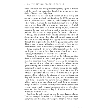 Page of text with a bold heading "Canvas Flying, Seagulls Crying by Adlard Coles." The narrative encapsulates the spirit of a nautical journey along the rugged coastline, where beauty intertwines with peril. As you steer this timeless wooden yacht, embrace each chance to progress cautiously while beneath the soaring canvas and crying seagulls above.