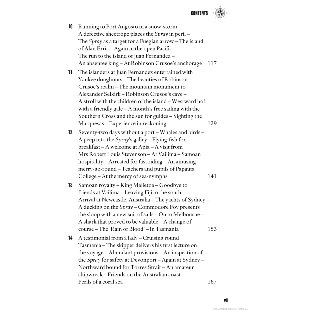 Explore a comprehensive table of contents with chapter titles and matching page numbers, covering themes such as travel, adventure, and exploration. Dive into solo circumnavigation inspired by Adlard Coles' "Sailing Alone Around the World," extending from pages 10 to 167.