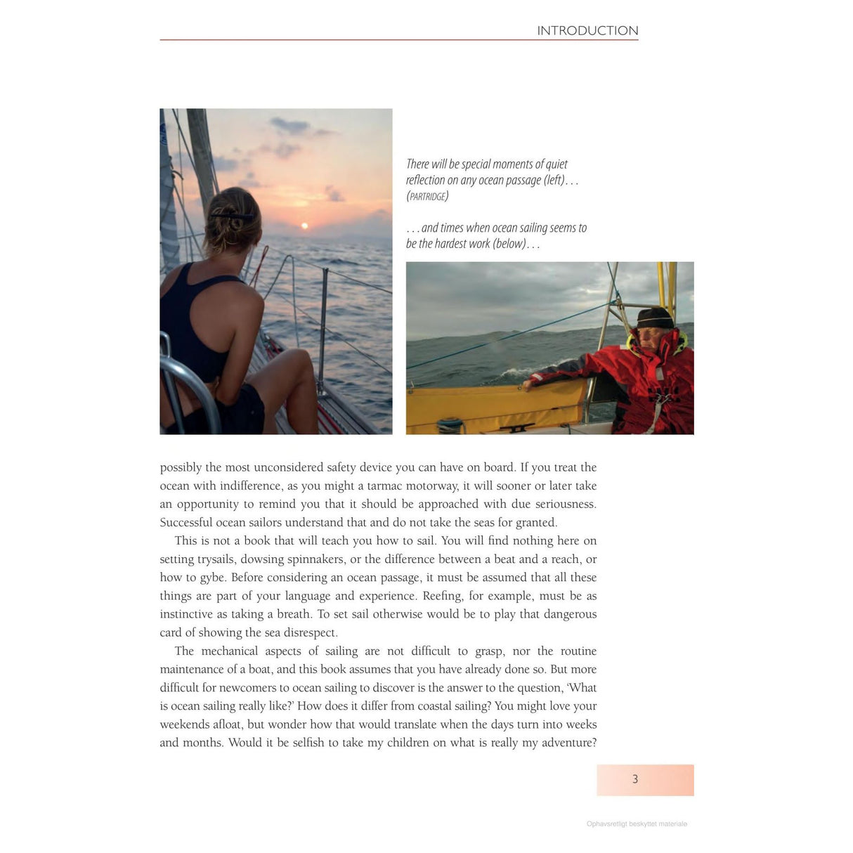 Page 3 from "Ocean Sailing" by Adlard Coles features a faded sea image with text on reflections and the challenges of offshore cruising and living at sea.