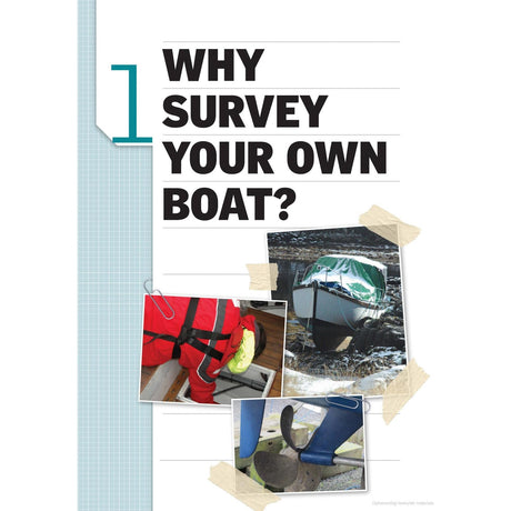 Collage with the text "Why Survey Your Own Boat?" showcasing images of a person in a red jacket inspecting boat systems, a covered boat on a trailer, and a close-up of a boat propeller, all providing insights from "Be Your Own Boat Surveyor" by Adlard Coles to help you assess your vessel like a professional surveyor.