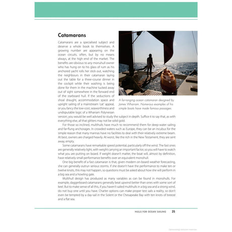 A magazine page about catamarans highlights their advantages and aesthetics. An image on the right shows a silhouetted man reading "The Complete Ocean Skipper" by Adlard Coles while sitting on a sailboat, embodying the serene joy of ocean sailing. The page number 25 is at the bottom.