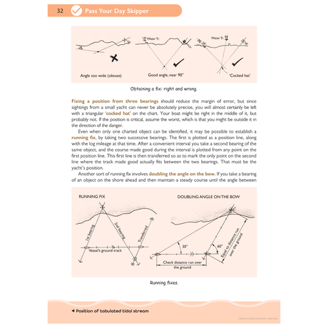 An instructional page from Adlard Coles' "Pass Your Day Skipper" book provides detailed guidance on navigation techniques such as obtaining a fix using the tri-angle method, running fix, and doubling angle on the bow. Ideal for individuals taking RYA Day Skipper courses, it features illustrations that clearly depict angles and methods for precise marine navigation.