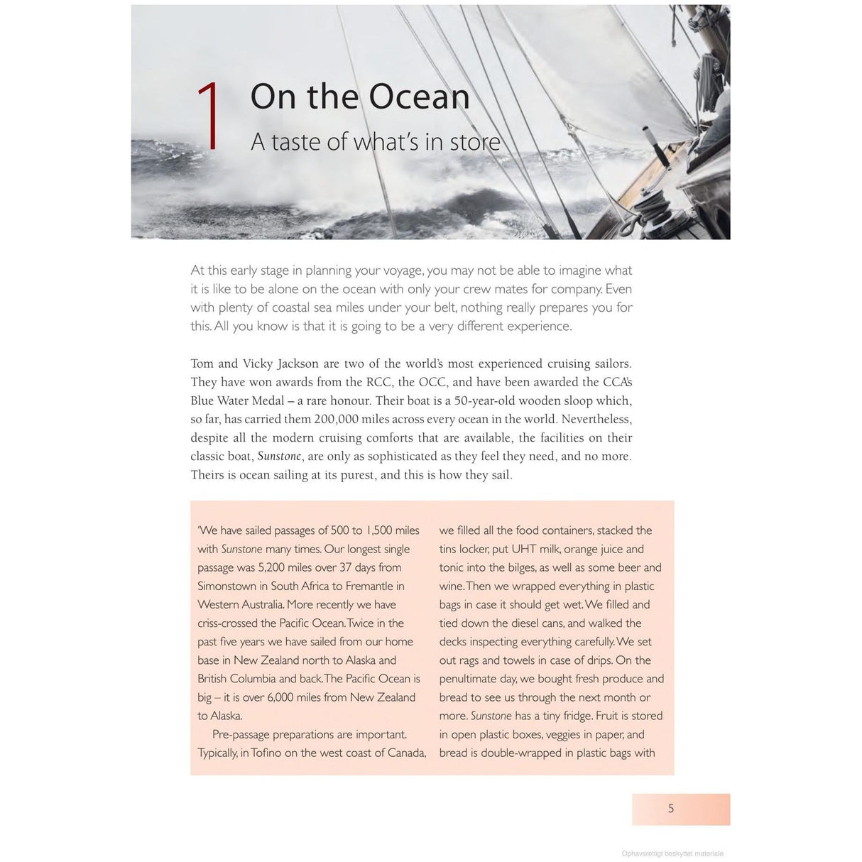 An Adlard Coles "Ocean Sailing" magazine page includes an image and text. The article, "On the Ocean: A Taste of What’s in Store," offers practical ocean cruising advice from Tom and Vicky Jackson's expedition, with a text box sharing excerpts from their offshore experiences.