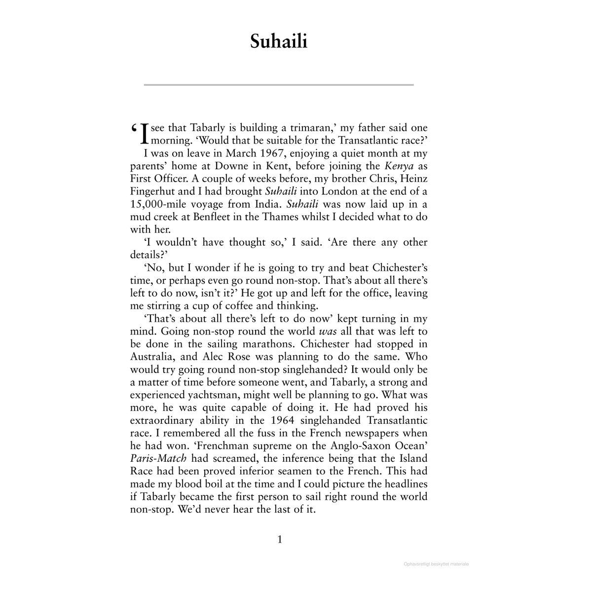 A page from "A World of My Own" by Adlard Coles captures a father inquiring about a trimaran for a race, detailing the trip to India, Suhaili's ocean navigation, and reflections on future solo circumnavigation in maritime history.