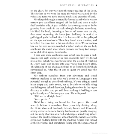 A page from the book "Canvas Flying, Seagulls Crying," published by Adlard Coles, captures the cruising adventure of a classic wooden yacht navigating a loch, where seagulls soar overhead, mingling with passengers' reactions to the vivid scenery and the rhythmic motions of their vessel.