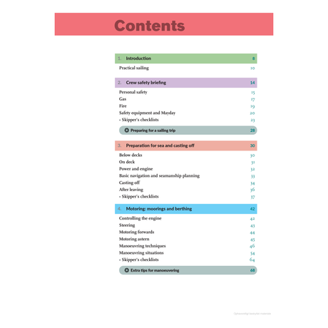 A table of contents for "Practical Skipper" by Adlard Coles features sections such as Introduction, Crew Safety Briefing, Preparation for Sea, and Motoring. Each section includes topics with page numbers that cover essential yacht skippering skills and safety tips for aspiring Coastal Skippers.