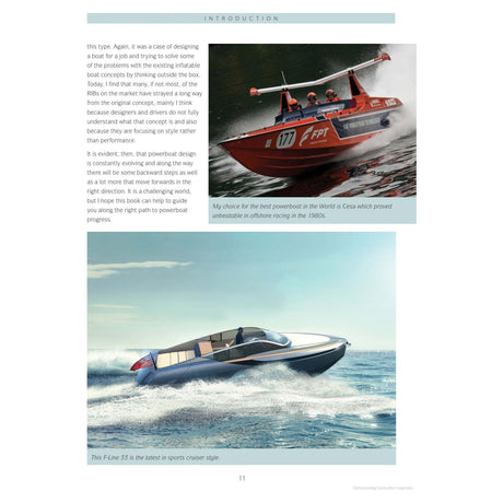 A page featuring two images of boats is presented. The top image displays a red powerboat racing across water, showcasing its exceptional performance under the caption, "My choice for the best powerboat in the World is Cesa." Below, an elegant F-Line 33 yacht glides over tranquil waters. This page relates to "Powerboat Design and Performance" by Adlard Coles.