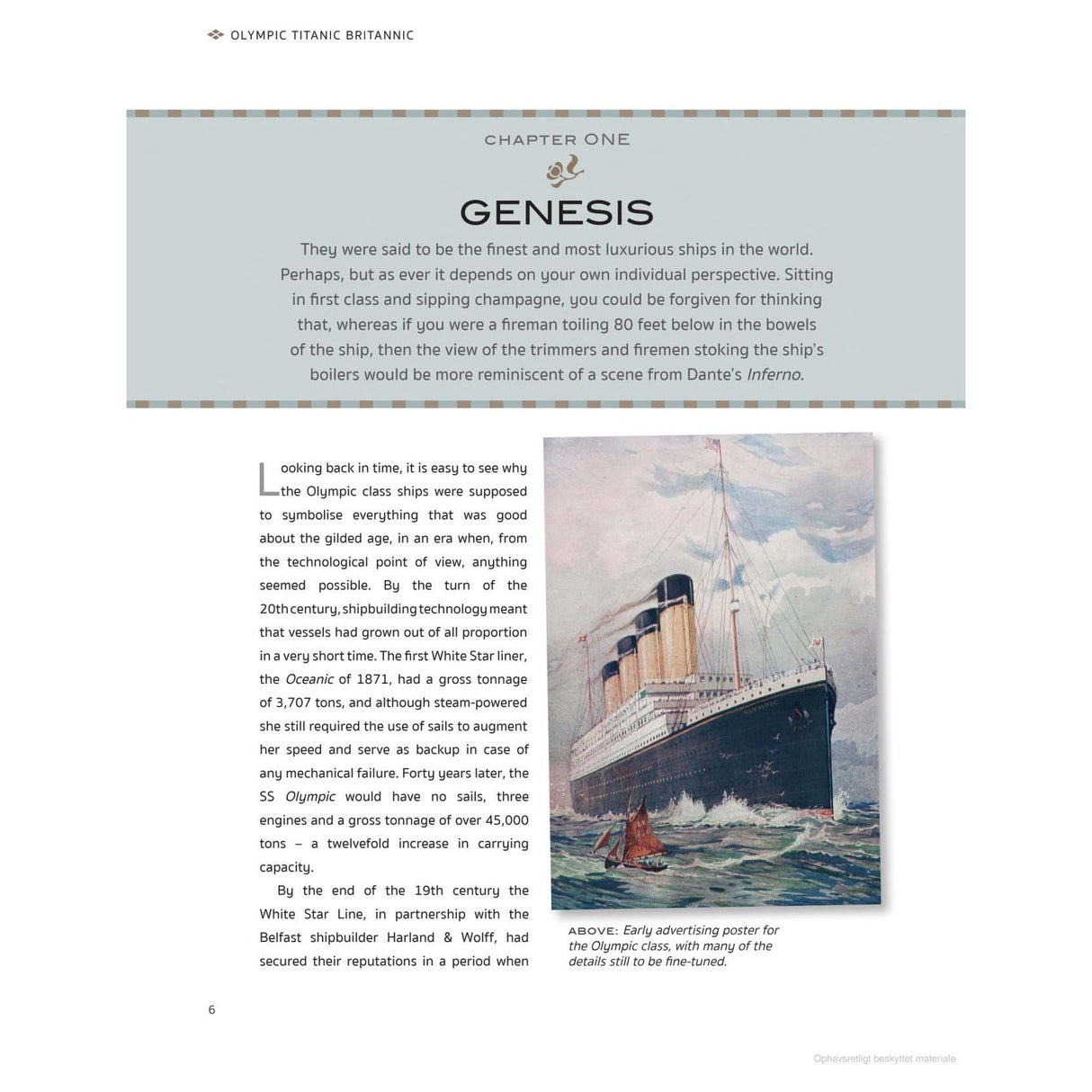 Page from the book "Olympic Titanic Britannic" by Adlard Coles, which features text about Olympic class ships, including the legendary Titanic. An early advertising poster highlights these liners with many details still to be refined. The page explores the historical context and technological advances in shipbuilding of that era.