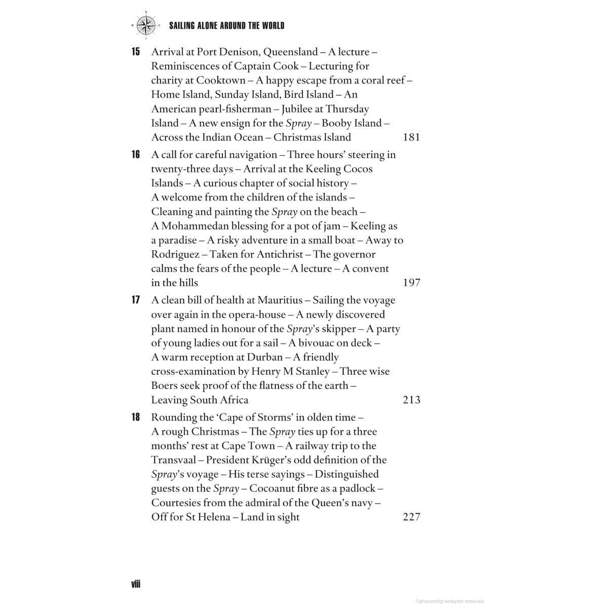 A page from the table of contents in "Sailing Alone Around the World" by Adlard Coles outlines Joshua Slocum's solo circumnavigation, featuring chapters on arrivals, celebrations, navigation calls, and observations of various islands and seas, with each section spanning pages 181 to 227.