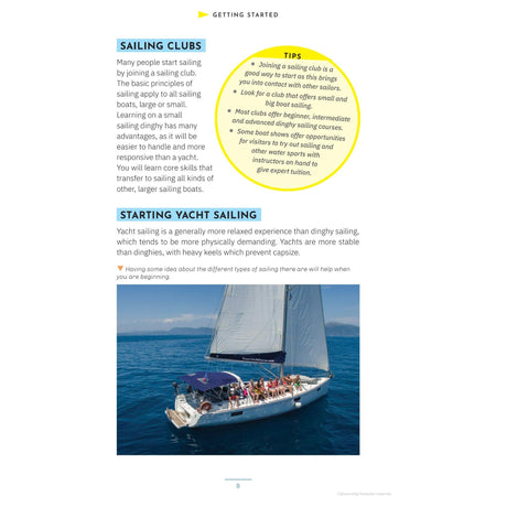 A brochure page inspired by Simon Jollands' "Go Sailing" from Adlard Coles features headings, a sailboat image, and a tips section with a yellow burst highlighting advice on joining sailing clubs and selecting sailboats.