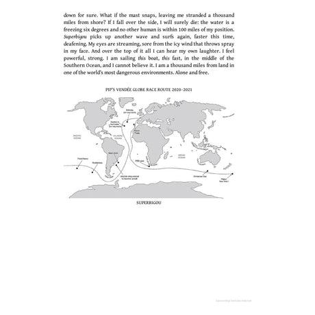 A map depicting Pip Hare's solo ocean race in the Vendée Globe 2020-2021, featuring her journey from Les Sables-d'Olonne around the Cape of Good Hope, across the Southern Ocean, and past Cape Horn before returning. The boat "Superbigou" is highlighted, filled with life lessons. Inspired by "In My Element" from Adlard Coles.