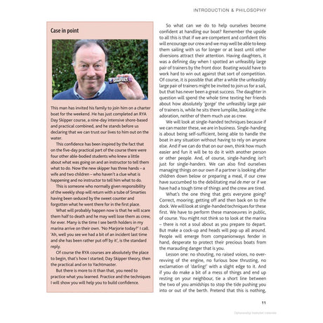 A magazine page showcases an article titled "Case in Point," featuring a man sailing stress-free, thanks to Adlard Coles' "Stress-Free Sailing" book. The piece highlights his experience with the RYA Day Skipper course and includes columns and headers for easy reading.