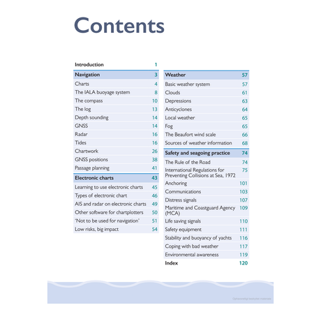 An image of the table of contents from "Pass Your Yachtmaster" by Adlard Coles. Topics such as Navigation, Charts, Weather, Safety, Seagoing Practice, and more are listed with their corresponding page numbers. The Introduction begins on page 1 and the Index starts at page 120. This book is particularly useful for those preparing for the RYA Yachtmaster exam.