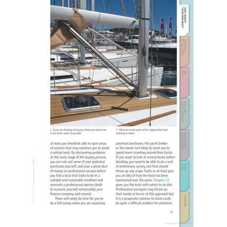 A magazine page featuring text and three images: boat rigging, sailboats in a marina, and boat equipment. It includes an article on purchasing a boat, emphasizing insights from "Be Your Own Boat Surveyor" by Adlard Coles, which outlines how to evaluate a boat's condition personally, perform professional surveys, and inspect systems for potential buyers.