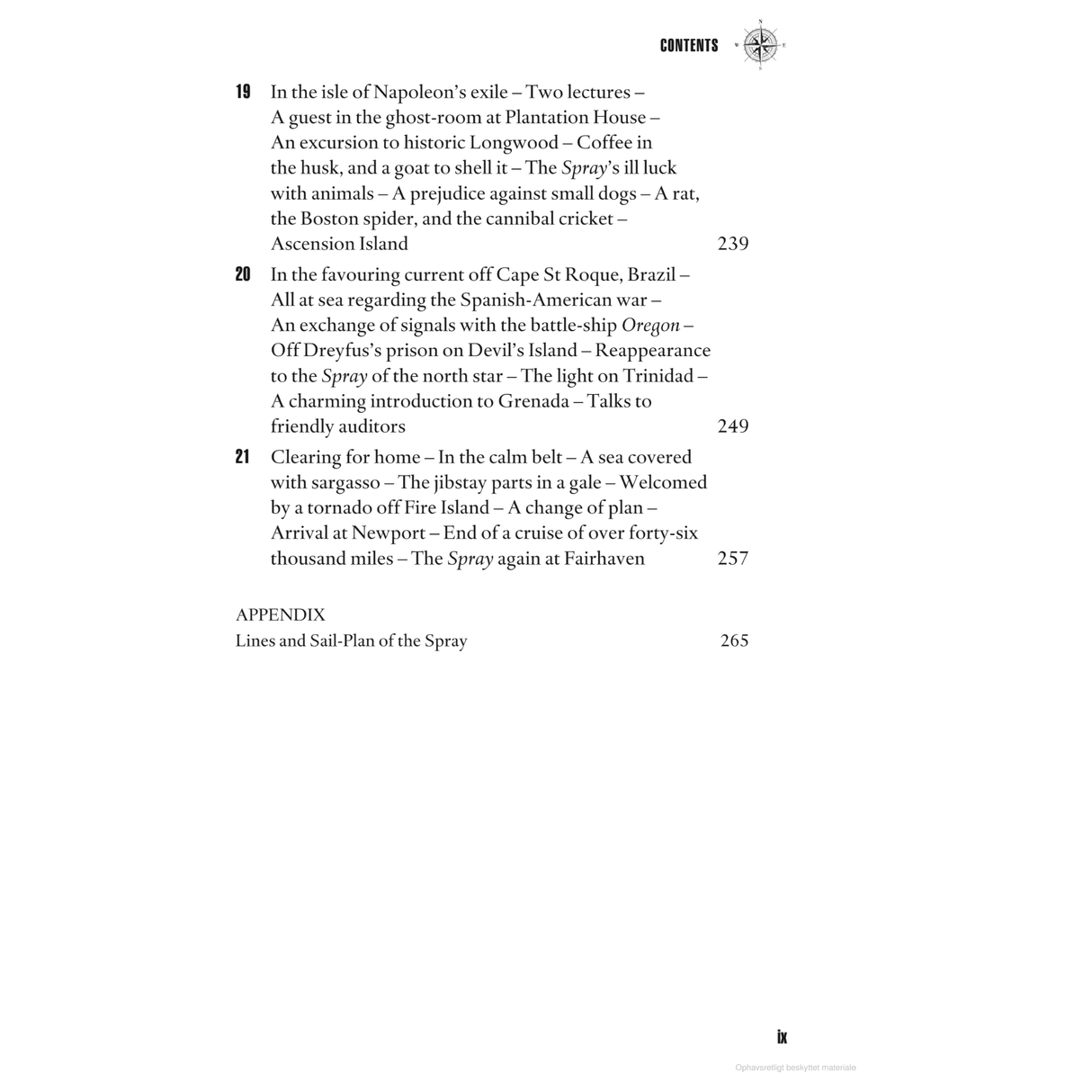 Contents page showcasing chapter titles and corresponding page numbers from Adlard Coles' "Sailing Alone Around the World" highlights topics such as Napoleon’s exile, plantation house lectures, Brazilian shore, and details of the Atlantic voyage during Joshua Slocum's solo circumnavigation. An appendix on "Lines and Sail-Plan of the Spray" is included at the bottom.