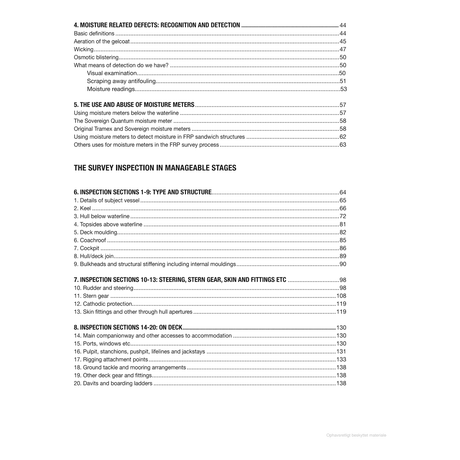 The page features a table of contents with sections on moisture detection, inspection stages, defects, methods, steering gear, and insights into small craft surveying as outlined in "Surveying Yachts and Small Craft" by Adlard Coles.