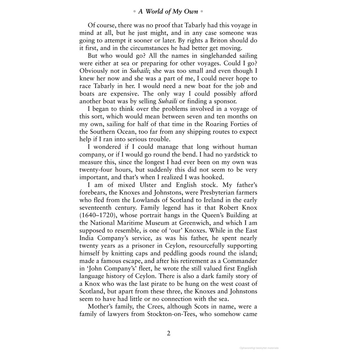 A page from "A World of My Own" by Adlard Coles discusses the challenges of solo circumnavigation, ship expenses, and personal thoughts on the feasibility of a seven to ten-month Southern Ocean voyage.