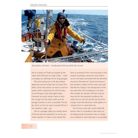 Adlard Coles' "Ocean Sailing" immerses readers in the sea experience, providing practical advice on safety, weather navigation, and meal prep, all set against a subtle background depicting the vastness of offshore cruising adventures.