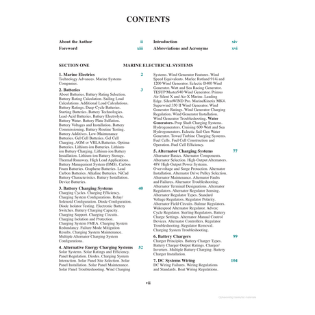 The table of contents for the Marine Electrical and Electronics Bible by Adlard Coles includes sections such as Marine Electrics, Batteries, Charging Systems, and Renewable Energy. Covering pages 2 to 104, this comprehensive guide thoroughly explores all aspects of marine electrical systems with detailed subsections.