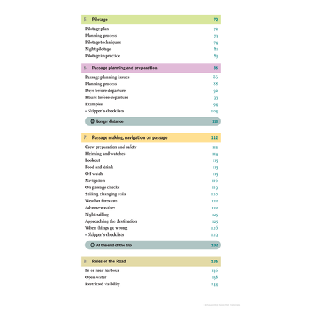 Page from Adlard Coles' "Practical Skipper" table of contents, ideal for aspiring Day Skippers. Sections such as "Pilotage," "Passage Planning and Preparation," "Passage Making, Navigation on Passage," and "Rules of the Road" are listed with corresponding page numbers, offering essential guidance on yacht skippering.