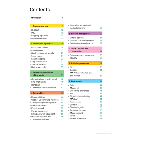 Text-based image displaying the table of contents from "Reeds Marine Deck 2: Crammer for Deck Officer Oral Exams" by Bloomsbury Publishing. Sections cover Business and Law, Vessels and Legislation, General Responsibilities, Safe Working, Records and Logbooks, Seaworthiness and Stability, Pollution Prevention, and Emergencies—essential for MCA oral exam preparation.