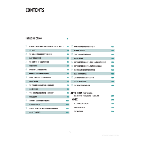 A table of contents page from the book "Powerboat Design and Performance" by Adlard Coles features sections like Pat Bray, Fast Displacement, and Efficient Planing Hulls, each emphasizing powerboat design with corresponding page numbers.