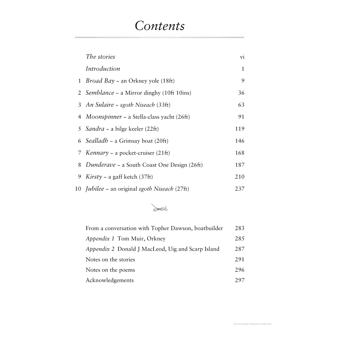 The table of contents for "Waypoints," by Adlard Coles, lists story titles like "Broad Bay," "Semblance," "An Sulaire," and "Jubilee." These sea narratives, inspired by Scotland's west coast, include sections with notes, conversations, and appendices. Pages are numbered vi to 297.