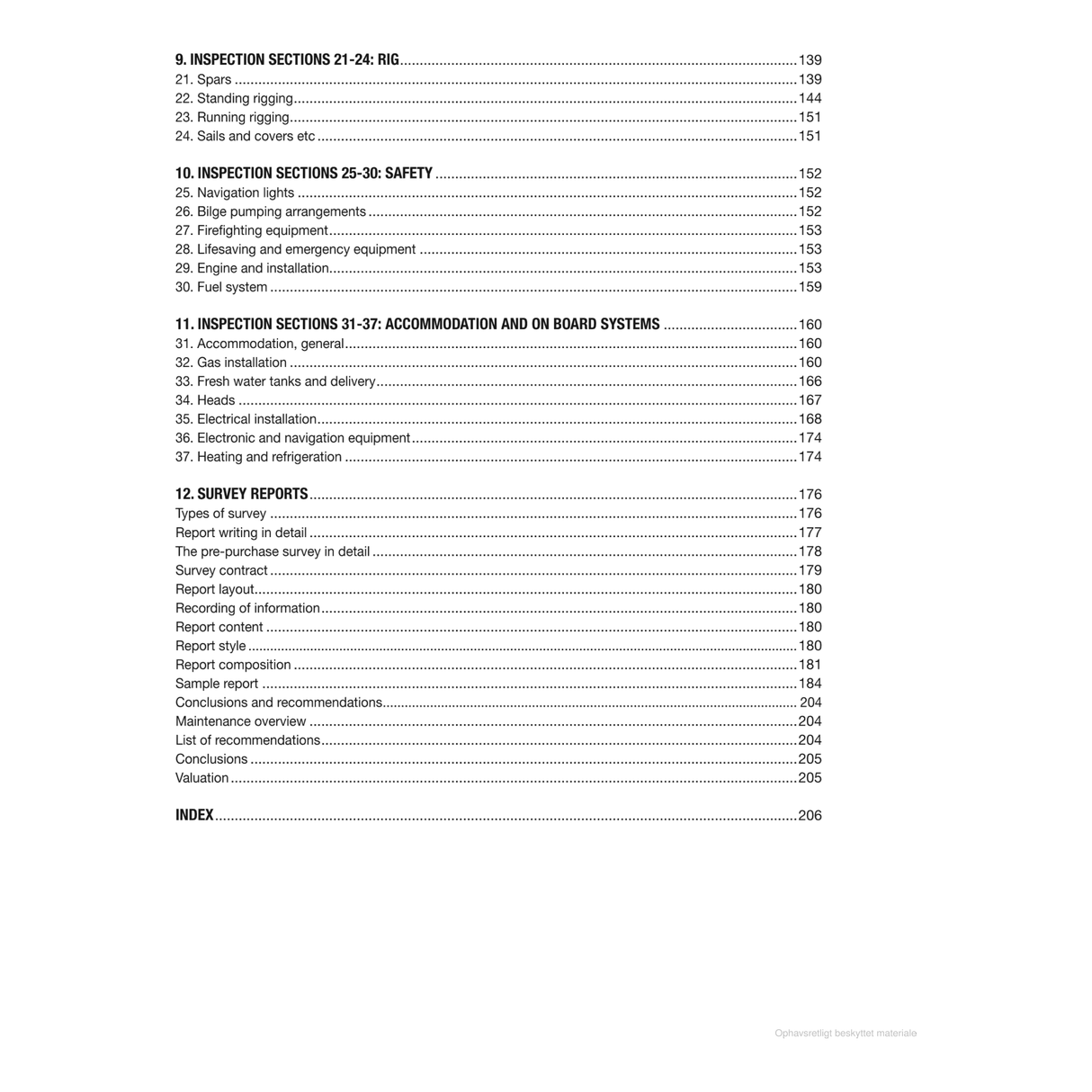 The Adlard Coles book "Surveying Yachts and Small Craft" includes a table of contents with sections like Inspection Sections 21-37 and Survey Reports, featuring topics such as yacht rigging, safety, accommodation, and navigation equipment across pages 139 to 206 for detailed boat inspections.