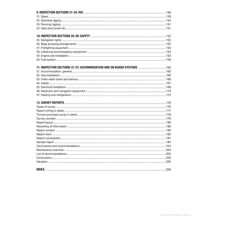 The Adlard Coles book "Surveying Yachts and Small Craft" includes a table of contents with sections like Inspection Sections 21-37 and Survey Reports, featuring topics such as yacht rigging, safety, accommodation, and navigation equipment across pages 139 to 206 for detailed boat inspections.