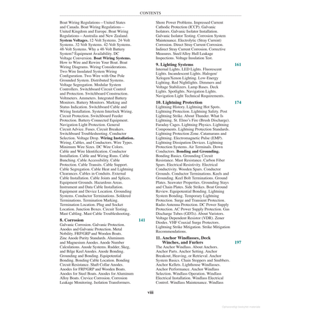 The table of contents from the Marine Electrical and Electronics Bible by Adlard Coles provides insights into boat electrical systems, including wiring, corrosion, system circuits, installation practices, and current control. Each section heading is accompanied by page numbers for easy navigation.