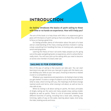 Page 5 of "Go Sailing" by Adlard Coles, highlights the benefits of learning sailing skills and various activities involved. The section emphasizes that beginner's sailing begins with mastering basic skills.