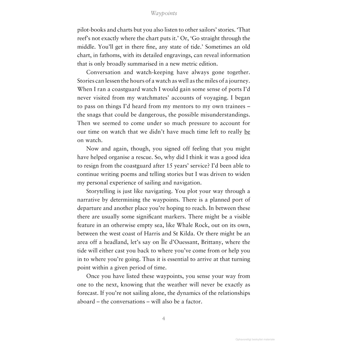 A page in Adlard Coles' book "Waypoints" delves into sailors' use of charts and stories for navigation. On Scotland's west coast, maritime storytelling intertwines shared experiences with learning, showing how traditional sea tales anchor understanding through conversation.