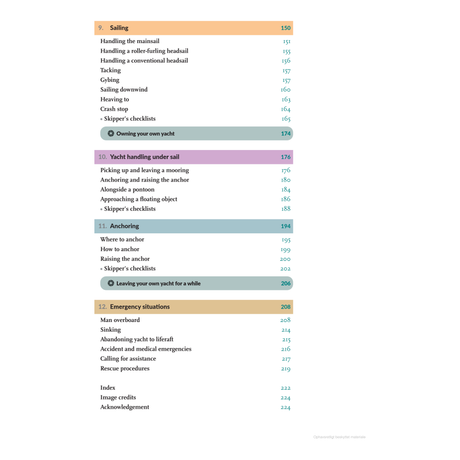 An image of the table of contents from "Practical Skipper" by Adlard Coles features sections on topics such as Sailing, Yacht Handling, Anchoring, and Emergency Situations. With page numbers ranging from 150 to 234, this book is perfect for those looking to become Coastal Skippers or enhance their yacht skippering skills.