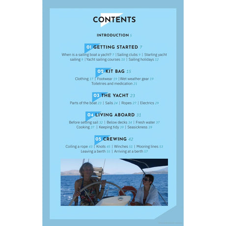 The table of contents page from Adlard Coles' "Go Sailing" guide includes sections such as Getting Started, Kit Bag, The Yacht, Living Aboard, and Crewing. Each section lists related topics with page numbers on a blue backdrop featuring a scenic photo of people sailing.