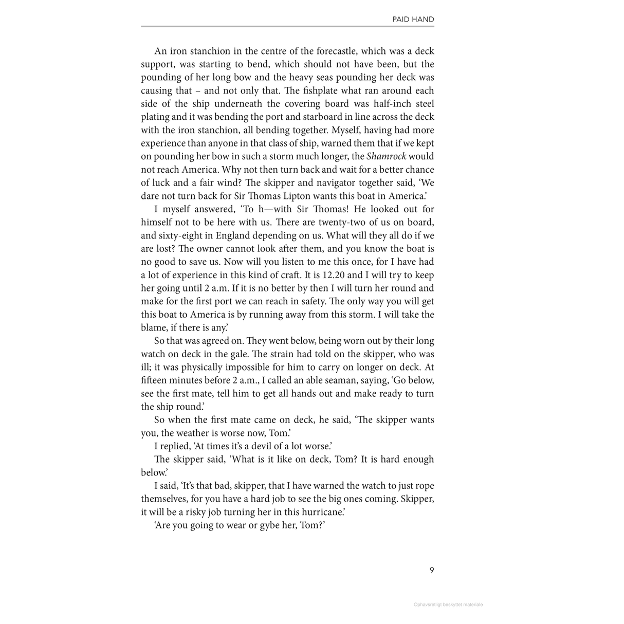 A page from "In the Wake of Heroes" by Adlard Coles delves into classic sailing stories, detailing a ship's challenging journey. The captain and sailors discuss storm navigation, highlighting the "Shamrock" and its Irish skipper, echoing Tom Cunliffe's yachting literature.