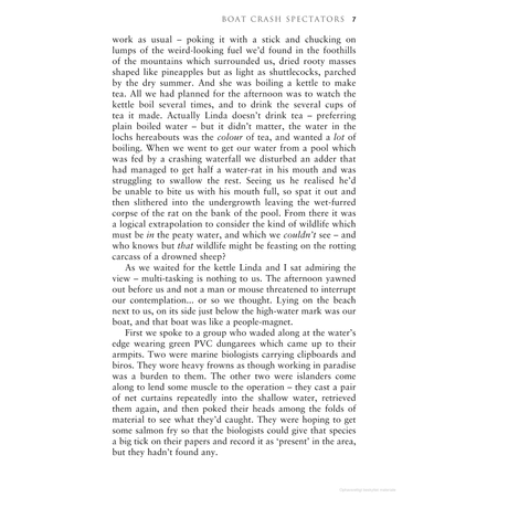 Page displaying the text from "Canvas Flying, Seagulls Crying," a book by Adlard Coles. The story takes place during a cruising adventure on a classic wooden yacht, delving into an encounter with a dead creature that resembles a seal, all set against the bizarre scenery of a loch with crying seagulls circling above.