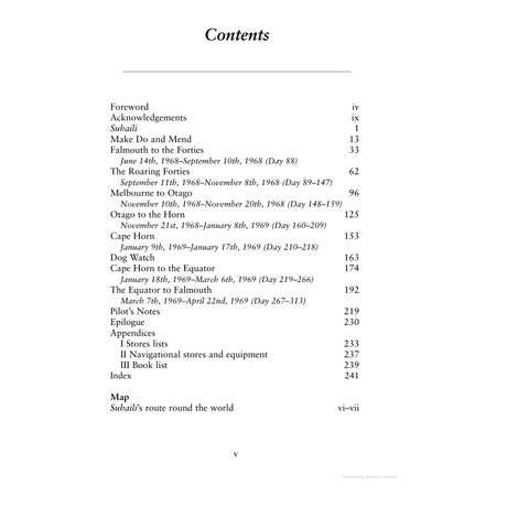 The table of contents from "A World of My Own" by Adlard Coles includes sections like "Foreword," "Acknowledgements," and details chapters about a solo circumnavigation, featuring locations such as Bluff, Cape Horn, and the Equator amidst rich maritime history.