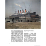 An ocean liner from the collection "Olympic Titanic Britannic" by Adlard Coles gracefully sails on a tranquil sea. White smoke streams from its four smokestacks, contrasting with the cloudy sky, while overlaid text offers historical context to this majestic scene.