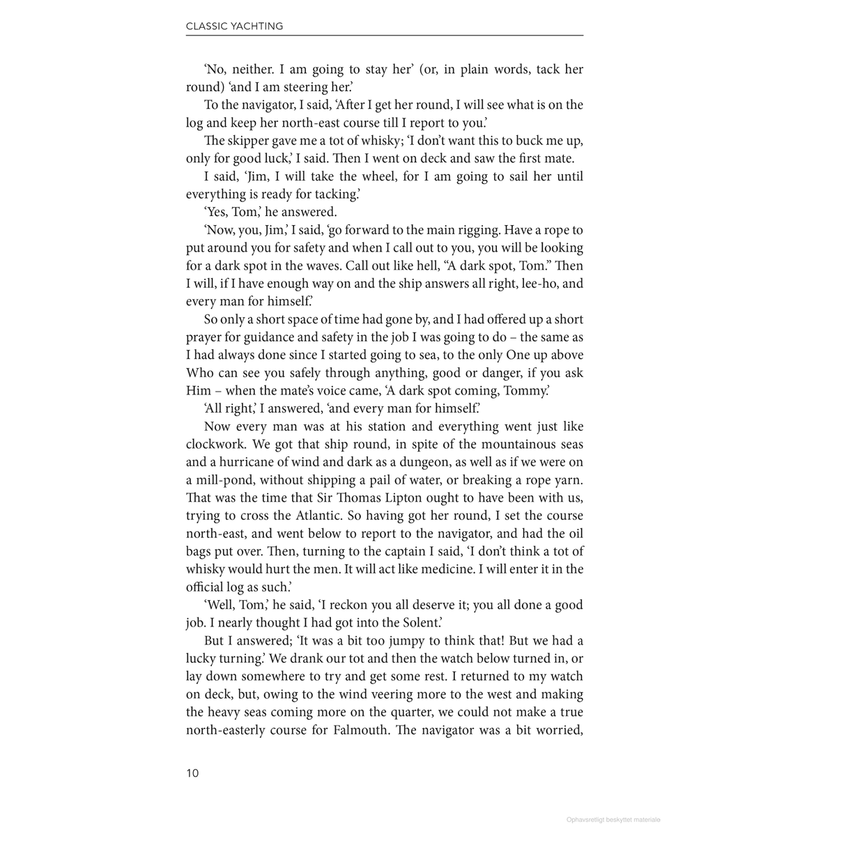 A page from "In the Wake of Heroes" by Adlard Coles unfolds a lively sailing story with a skipper, navigator, and animated speaker discussing yacht steering. Sailing terms and safety concerns echo the spirit that Tom Cunliffe captures so well in true yachting fashion.