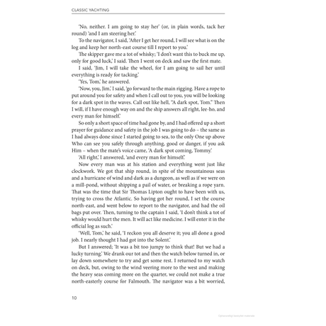 A page from "In the Wake of Heroes" by Adlard Coles unfolds a lively sailing story with a skipper, navigator, and animated speaker discussing yacht steering. Sailing terms and safety concerns echo the spirit that Tom Cunliffe captures so well in true yachting fashion.