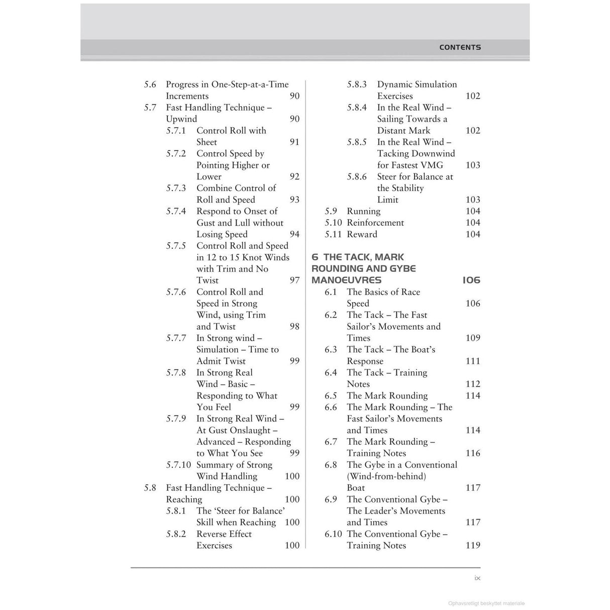 Table of contents from the book "Fast Handling Technique" by Adlard Coles, featuring topics on control and speed in sailing, dynamic simulation, reading the wind, and balance. It includes section numbers and page numbers with headings on sailing techniques and maneuvers by a sailing expert, along with racing strategies for fast handling techniques.