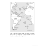 Map depicting Joshua Slocum's solo voyage around the world, beginning in Boston and passing through Gibraltar, the Strait of Magellan in 1895, before returning via the Cape of Good Hope in 1898. The map includes route lines, significant locations, dates, and a compass rose showing wind direction from "Sailing Alone Around the World" by Adlard Coles.