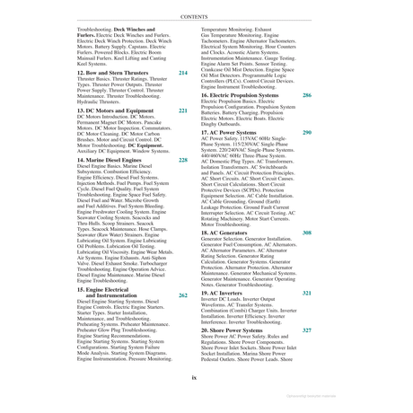 Table of contents from the Marine Electrical and Electronics Bible by Adlard Coles. Sections include troubleshooting, deck machinery, thrusters, hydraulic systems, engine equipment, exhaust monitoring, and power management. Pages span 212 to 327 with a focus on integrating boat electronics for optimal performance.