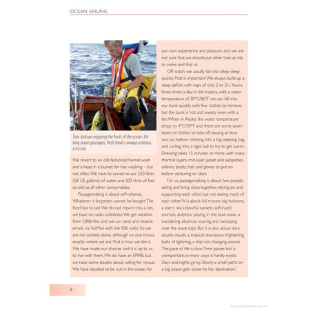 A page from Adlard Coles' "Ocean Sailing" features a story titled "Tom Jackson enjoying the fruits of offshore cruising..." with a color image of a man on a boat, highlighting the enjoyment and challenges of ocean adventures.