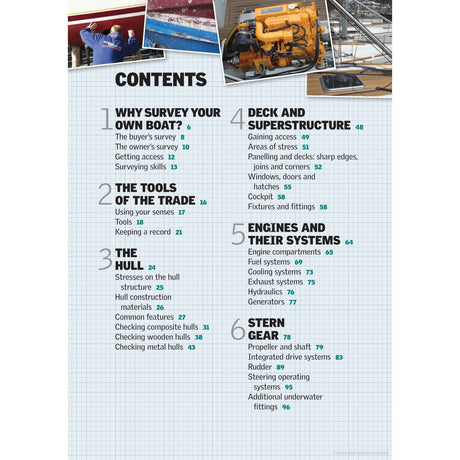 Contents page of "Be Your Own Boat Surveyor" by Adlard Coles, featuring sections on surveying your boat, tools of the trade, hull maintenance, deck and superstructure, engine systems inspection by a skilled boat surveyor, and stern gear. Page numbers and topics are listed for each section.